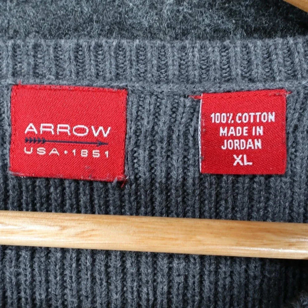 Arrow Sweater Mens‎ XL Gray Excellent Textured Knit Pullover Cotton Grid Pattern